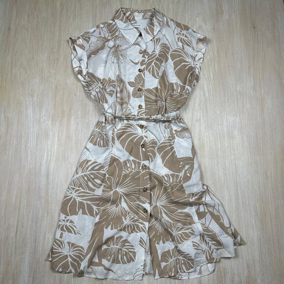 Calvin Klein Beige Button Front Short Sleeve Belted Tropical Shirt Dress 14 - Picture 1 of 13